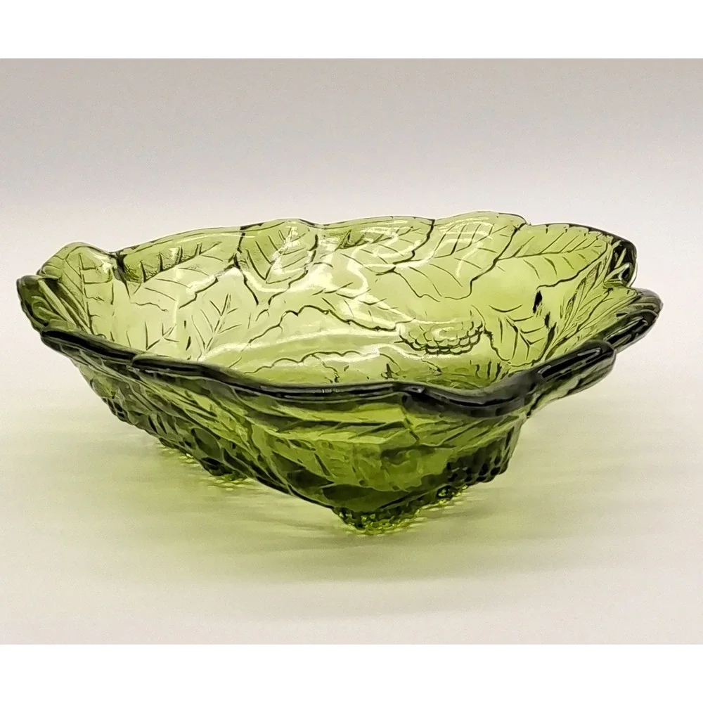 Vintage Indiana Glass Bowl Leaf Loganberry Green Triangular 7